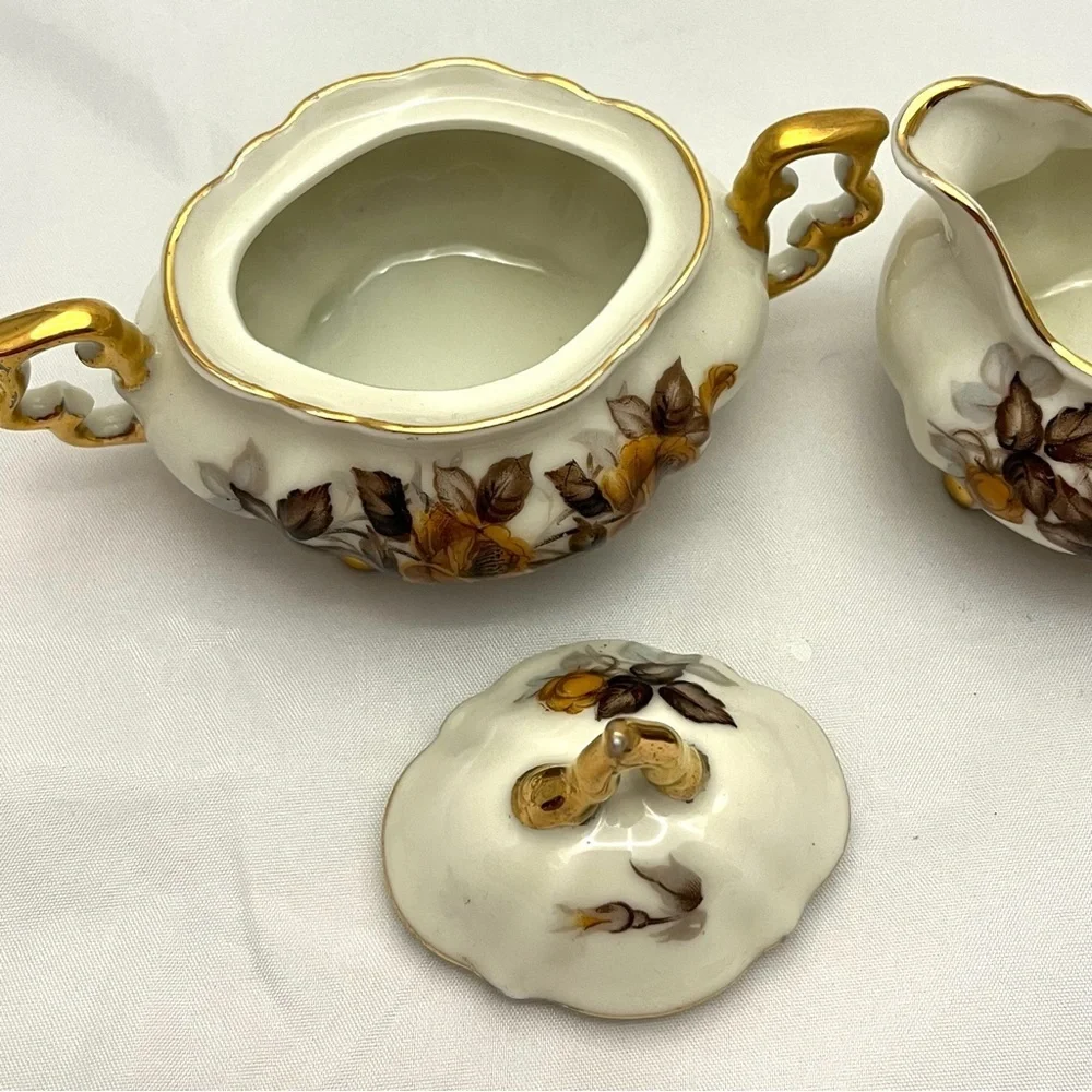 Royal Sealy Sugar Bowl w/ Lid & Creamer, Brown Orange Floral Pattern, VTG EUC